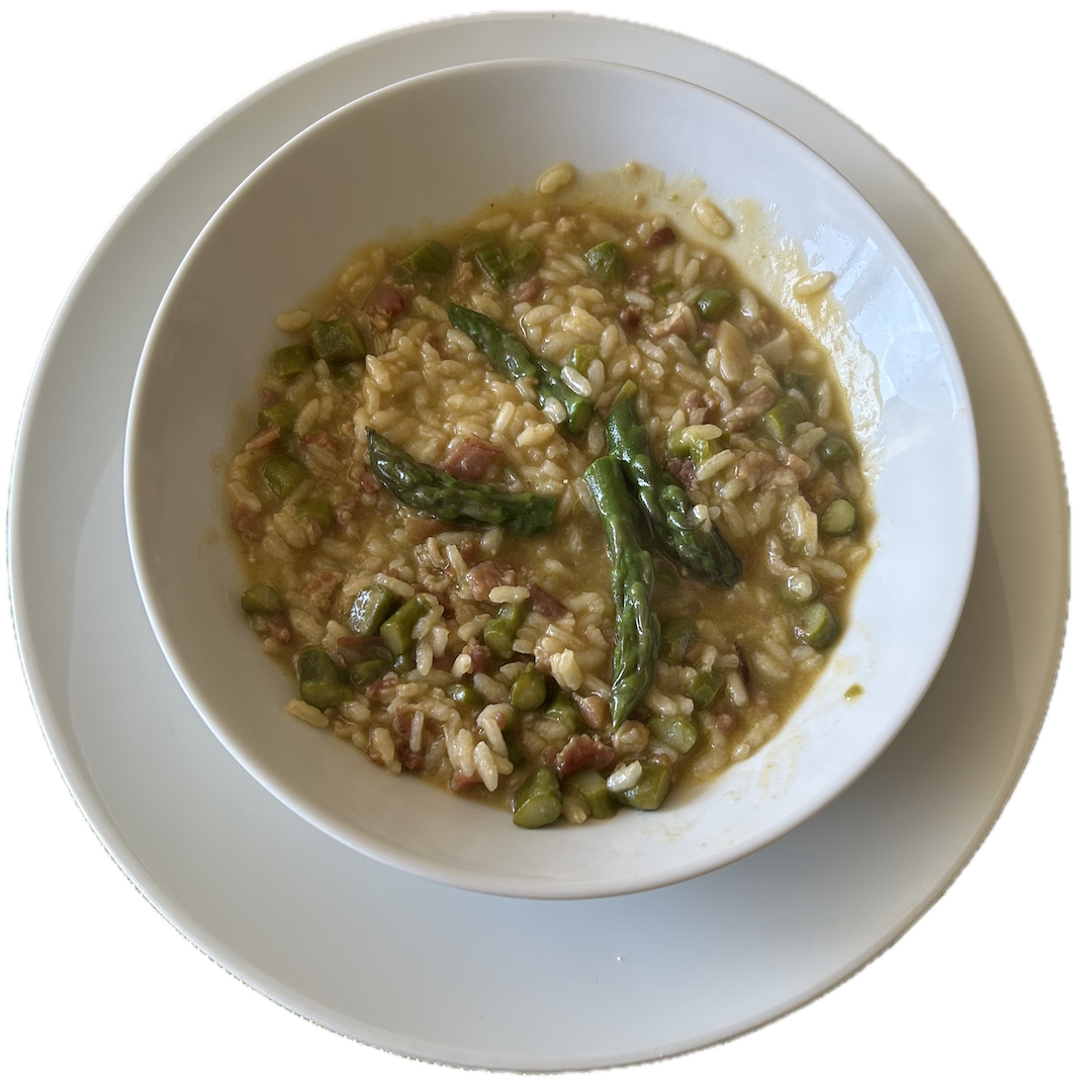 A plate with Asparagus and Bacon Risotto